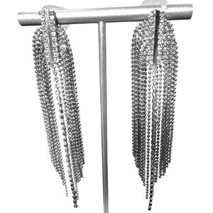 Rhinestone Fringe Earrings 4" Tassel Ball Chain Statement‎ Boho Prom Silver Tone